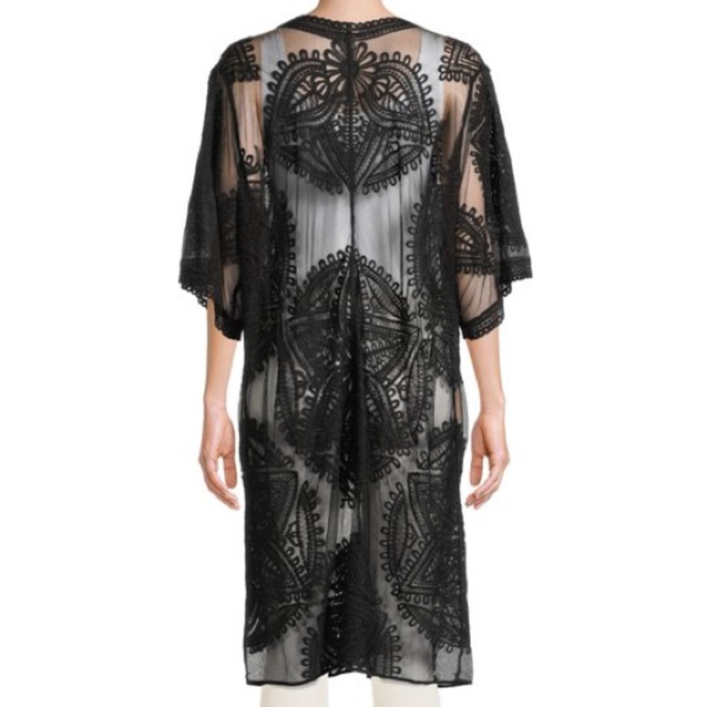Black Embroidered Lace Sheer Kimono